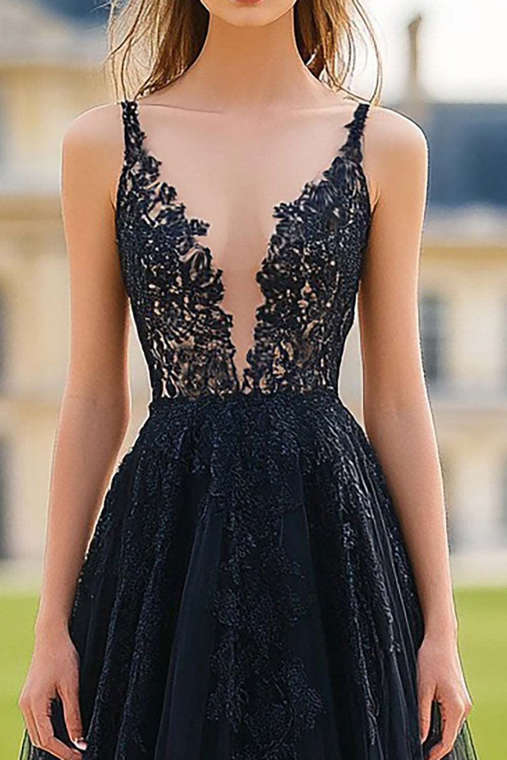 Black A Line V-Neck Pleated Long Prom Dress with Applique