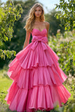 Princess Pink Sweetheart Tiered A Line Prom Dress with Bow