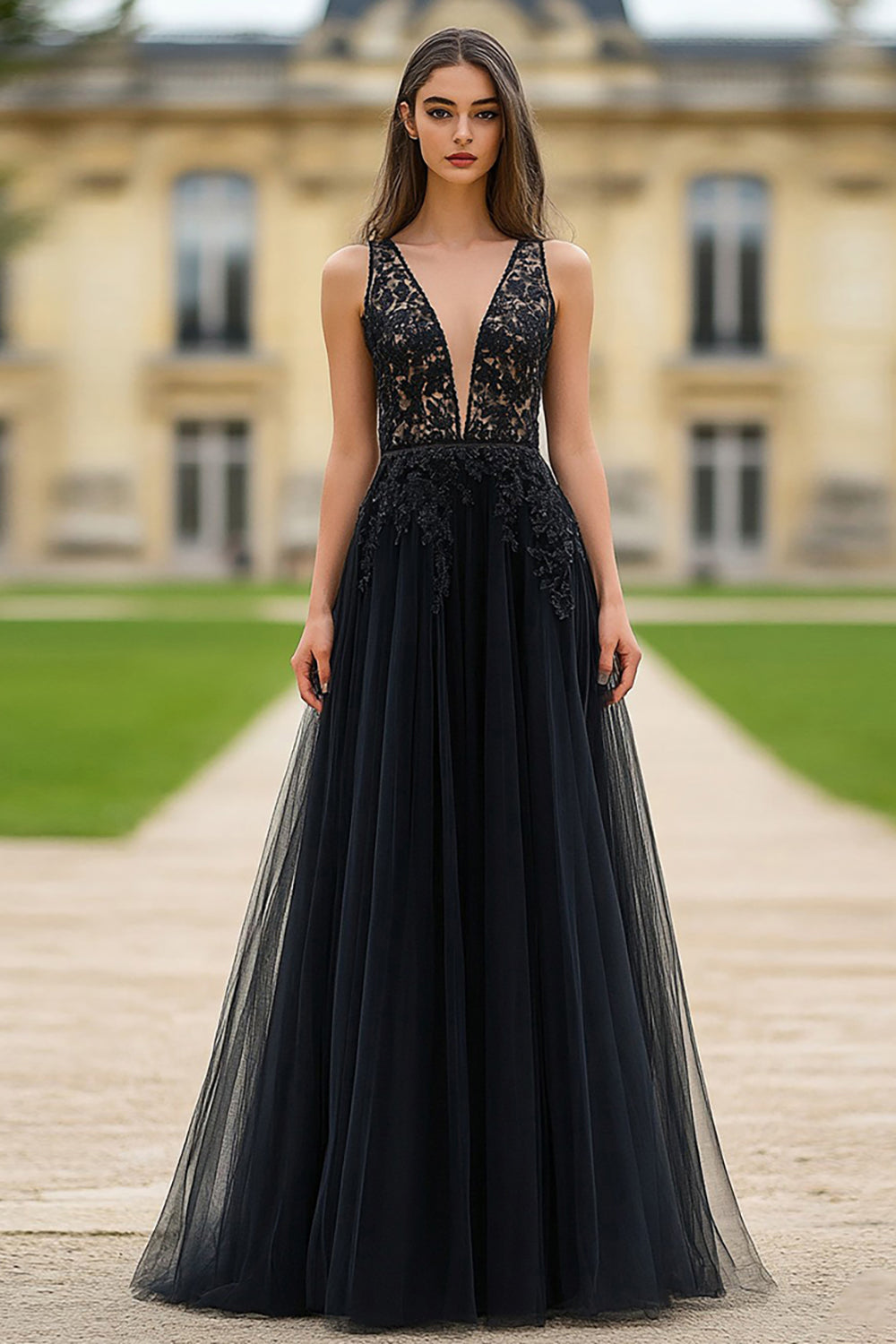 Black A Line V Neck Tulle Long Prom Dress with Appliques