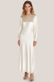 Simple Ivory Scoop Neck Sheath Satin Long Formal Dress