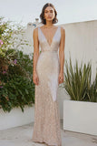 Champagne V Neck Metallic Sheath Long Formal Dress