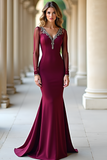 Elegant Burgundy Mermaid V Neck Long Sleeves Formal Dress