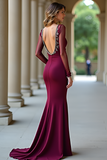 Elegant Burgundy Mermaid V Neck Long Sleeves Formal Dress
