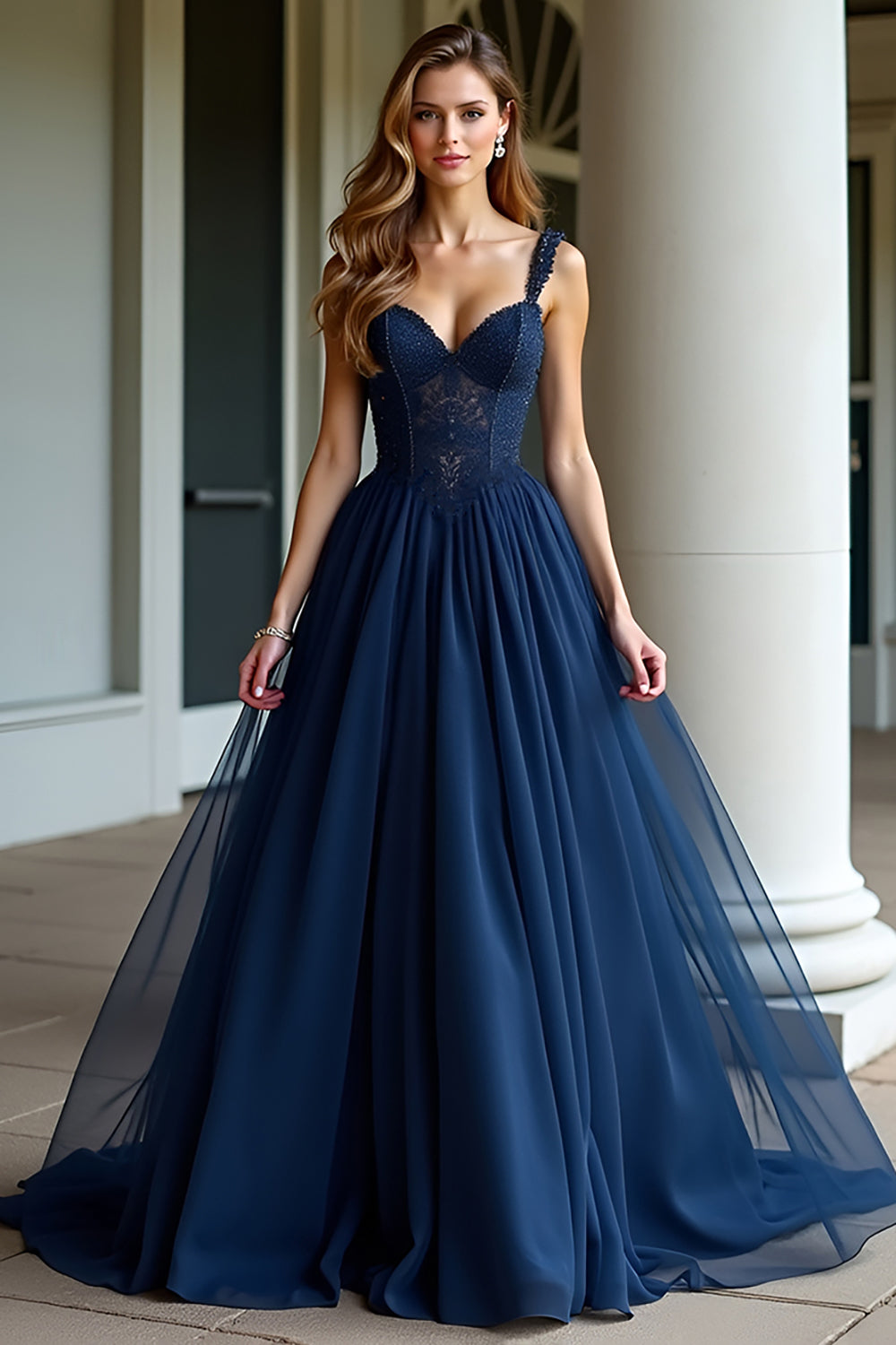 Navy Sweetheart A Line Pleated Long Corset Prom Dress