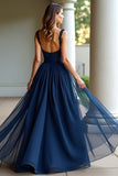 Navy Sweetheart A Line Pleated Long Corset Prom Dress