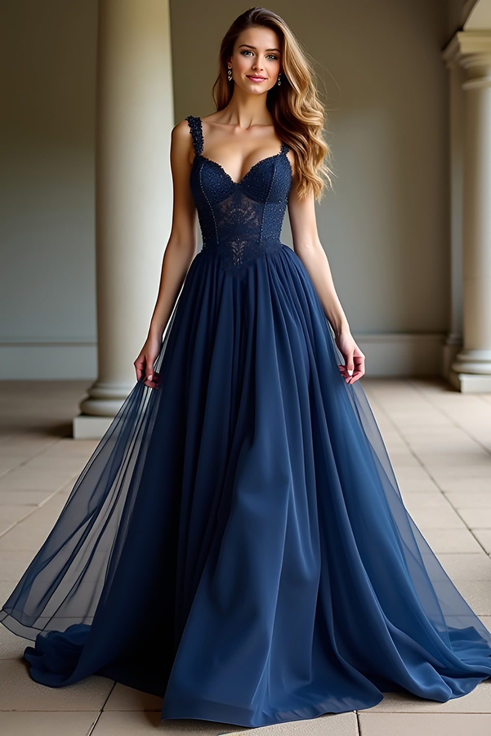 Navy Sweetheart A Line Pleated Long Corset Prom Dress