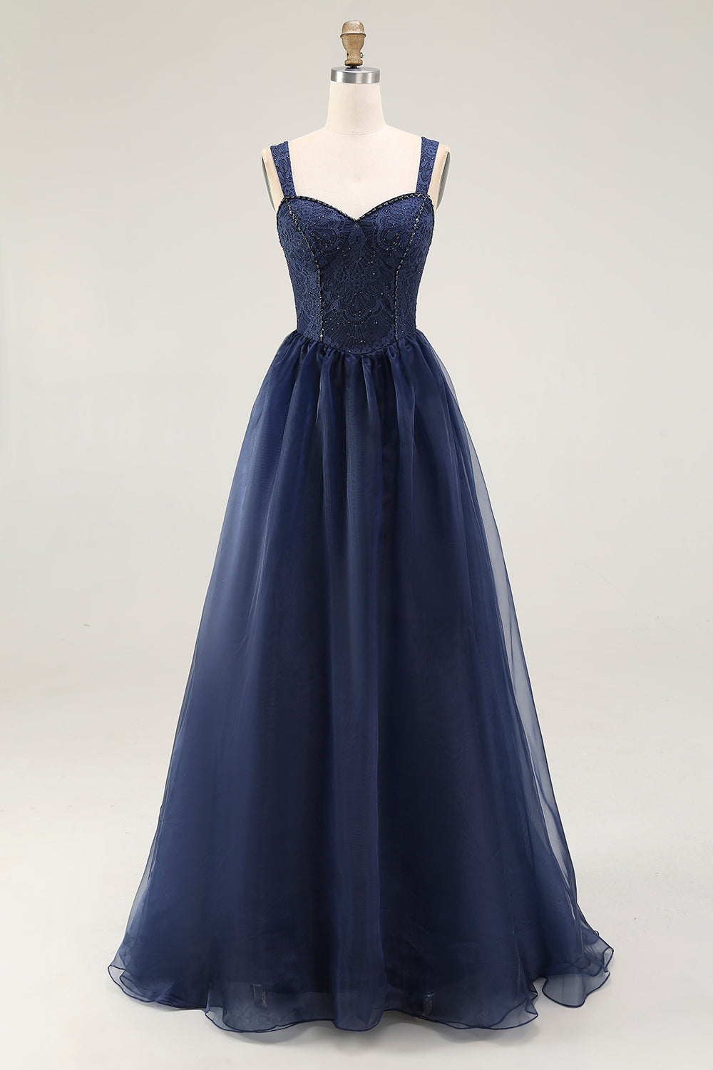 Navy Sweetheart A Line Pleated Long Corset Prom Dress