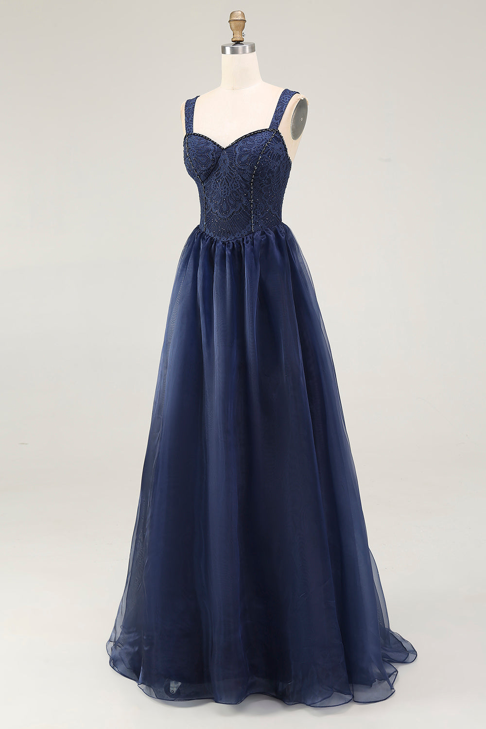 Navy Sweetheart A Line Pleated Long Corset Prom Dress