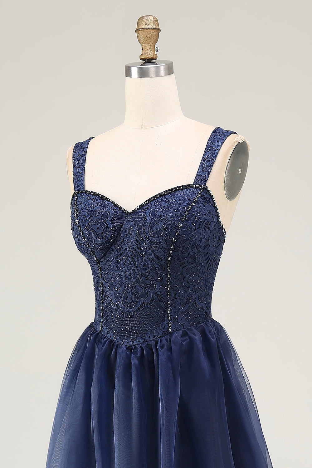 Navy Sweetheart A Line Pleated Long Corset Prom Dress