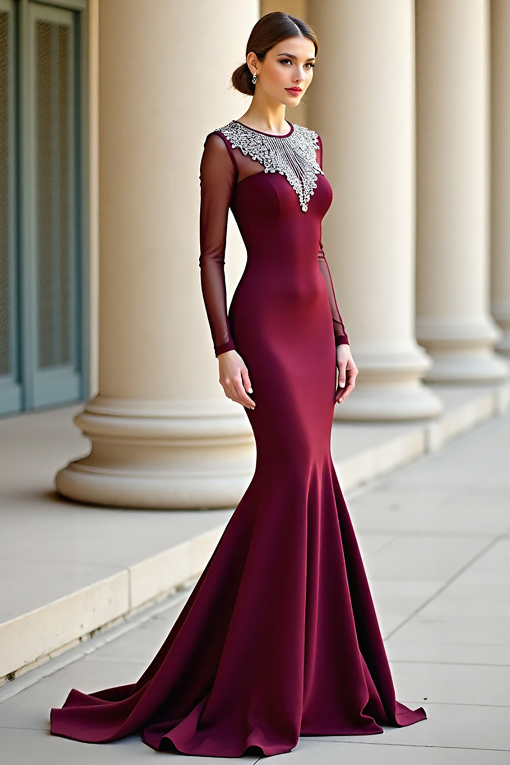 Burgundy Round Neck Mermaid Formal Dress with Long Sleeves