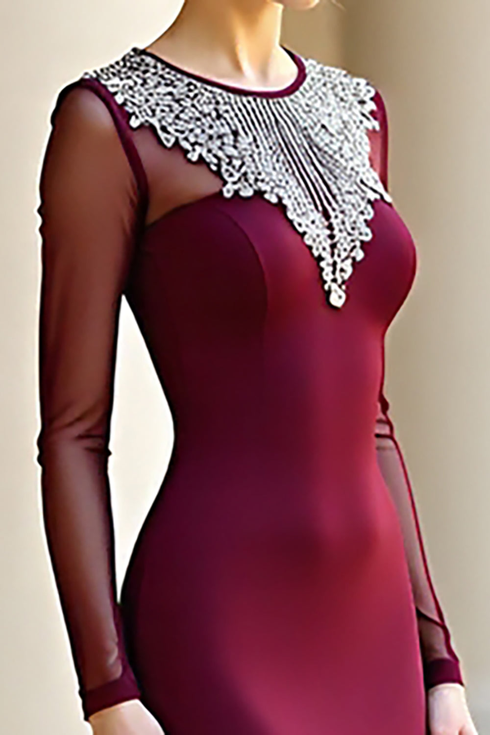 Burgundy Round Neck Mermaid Formal Dress with Long Sleeves