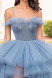 Grey Blue Ball Gown Tulle Spaghetti Straps Tiered Prom Dress with Slit