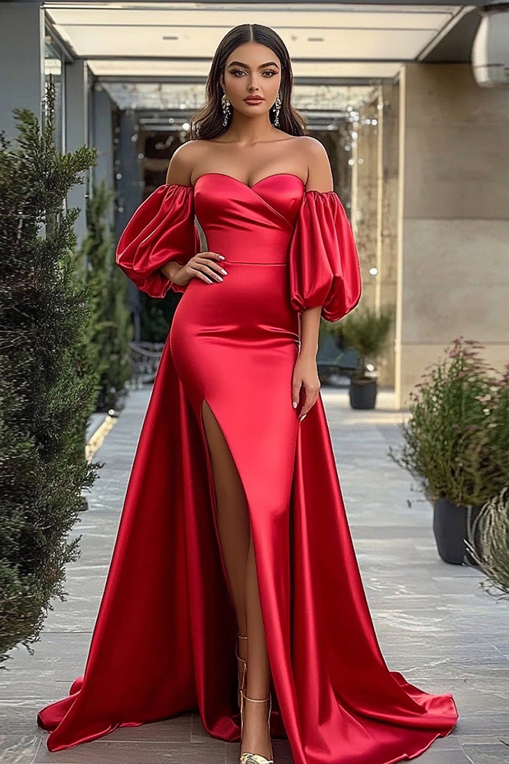 Red Sweetheart Puff Sleeves Long Sheath Satin Prom Dress with Slit