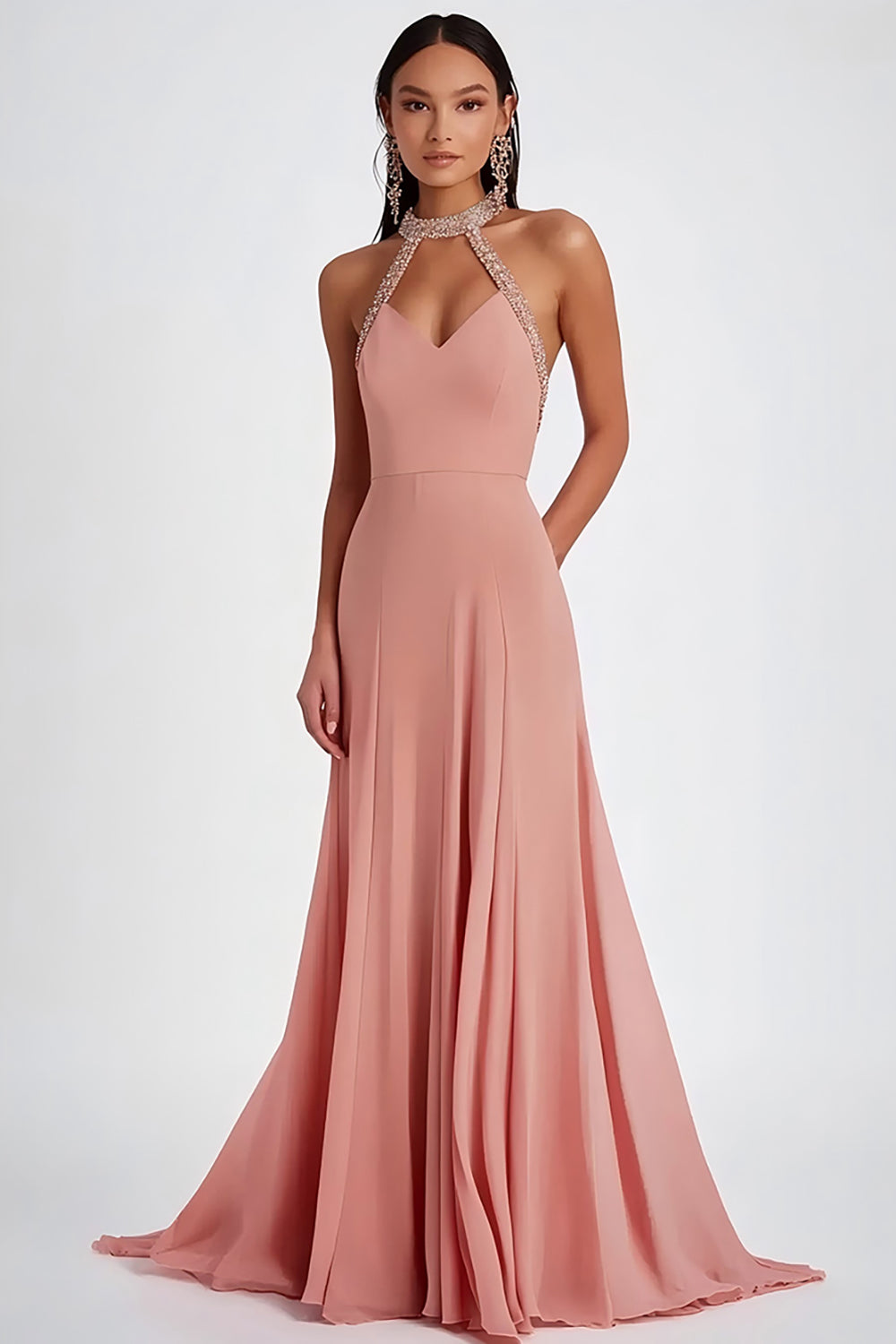 Halter Pink A Line Long Formal Dress with Beading