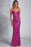 Sparkly Fuchsia Spaghetti Straps Sheath Sequined Long Formal Dress