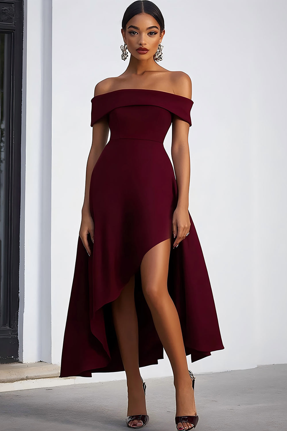 A Line Off the Shoulder Burgundy Asymmetrical Formal Dress