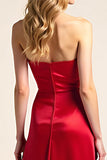 A Line Strapless Red Satin Long Formal Dress