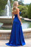 Royal Blue A Line Strapless Ruffled Formal Dress with Slit