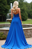 Royal Blue Sweetheart Ruffled A Line Long Formal Dress with Slit