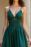 Dark Green V Neck A Line Satin Long Formal Dress