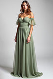 Dusty Sage Off the Shoulder Long A Line Chiffon Formal Dress