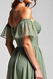 Dusty Sage Off the Shoulder Long A Line Chiffon Formal Dress