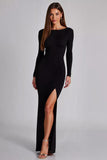 Black Long Sleeves Backless Jersey Sheath Formal Dress with Slit
