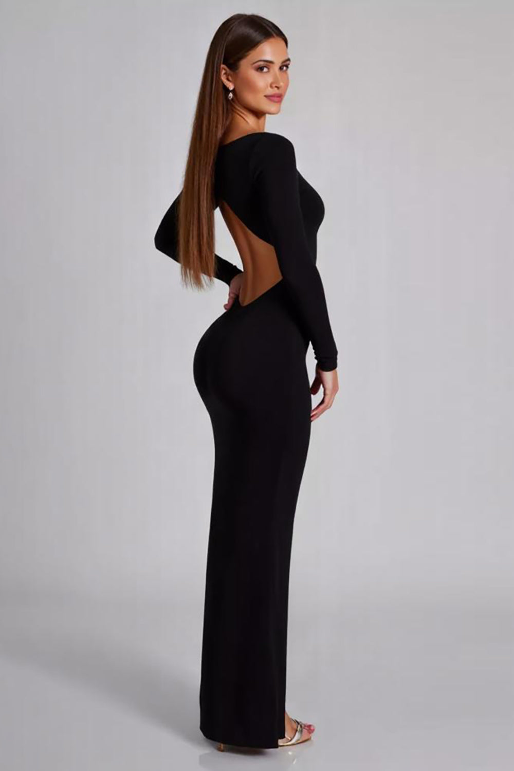 Black Long Sleeves Backless Jersey Sheath Formal Dress with Slit