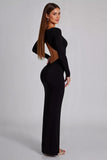 Black Long Sleeves Backless Jersey Sheath Formal Dress with Slit