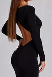 Black Long Sleeves Backless Jersey Sheath Formal Dress with Slit