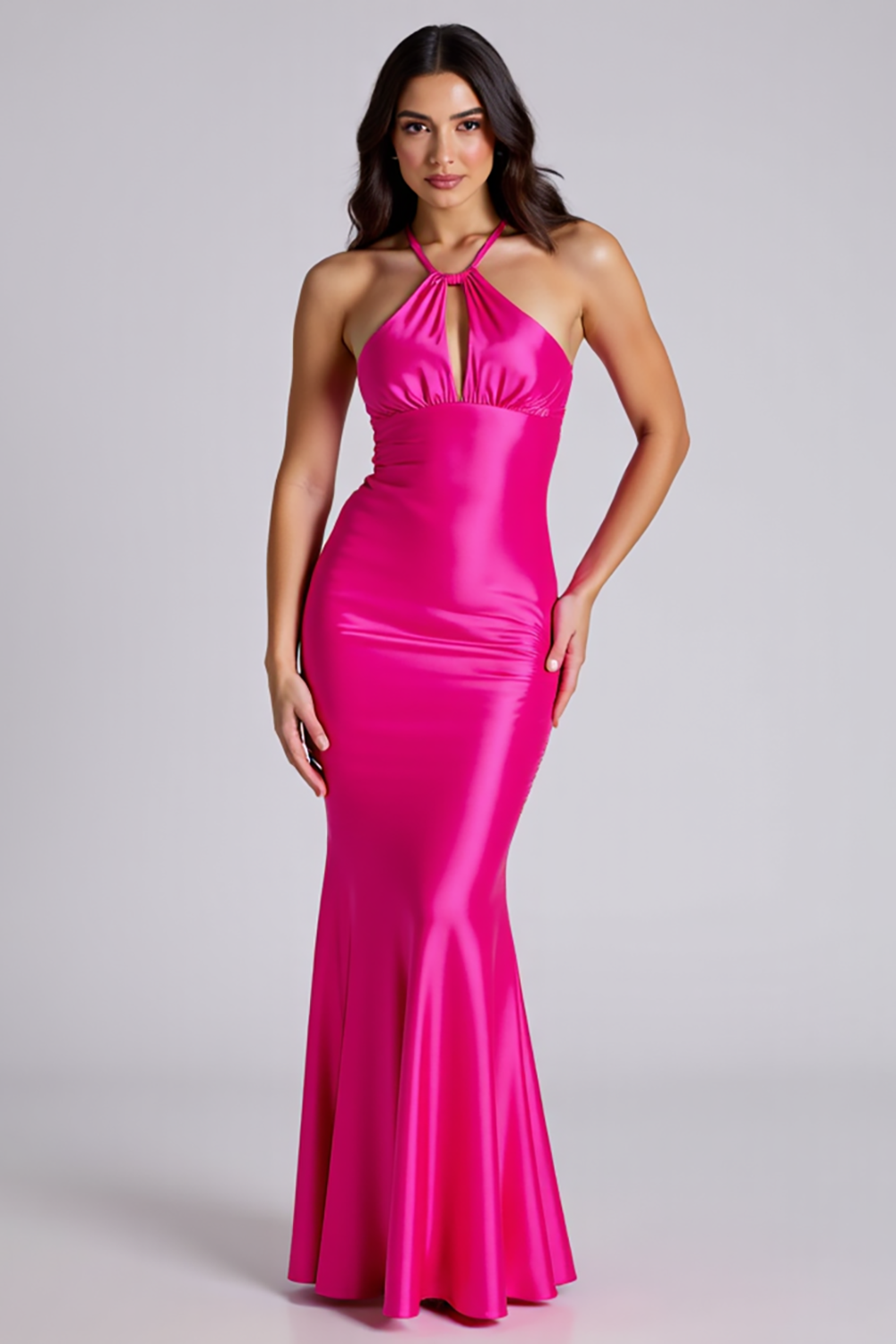 Halter Fuchsia Mermaid Keyhole Satin Long Formal Dress