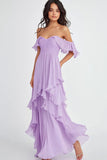 Lilac Off the Shoulder Ruffled Flowy A Line Maxi Formal Dress