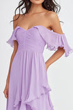 Lilac Off the Shoulder Ruffled Flowy A Line Maxi Formal Dress