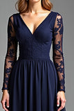 Navy Chiffon Long Sleeves V-Neck A Line Long Formal Dress