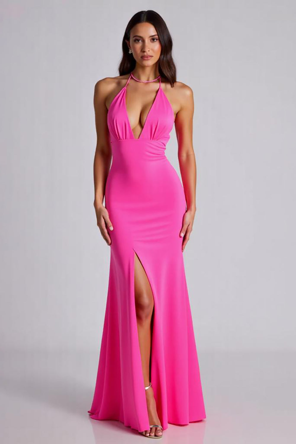 Fuchsia Mermaid V-Neck Satin Backless Long Formal Dress with Slit