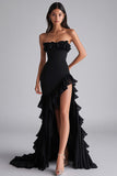 Strapless Black Ruffled Long Chiffon Formal Dress with Slit