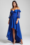Royal Blue Off the Shoulder Ruched High-Low A Line Formal Dress