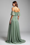 Dusty Sage A Line Cold Shoulder Pleated Long Formal Dress