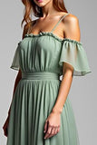 Dusty Sage A Line Cold Shoulder Pleated Long Formal Dress