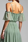 Dusty Sage A Line Cold Shoulder Pleated Long Formal Dress