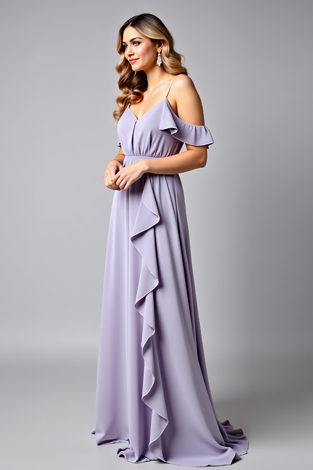 Lilac Cold Shoulder A Line Ruffled Long Formal Dress