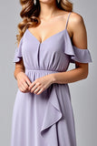 Lilac Cold Shoulder A Line Ruffled Long Formal Dress