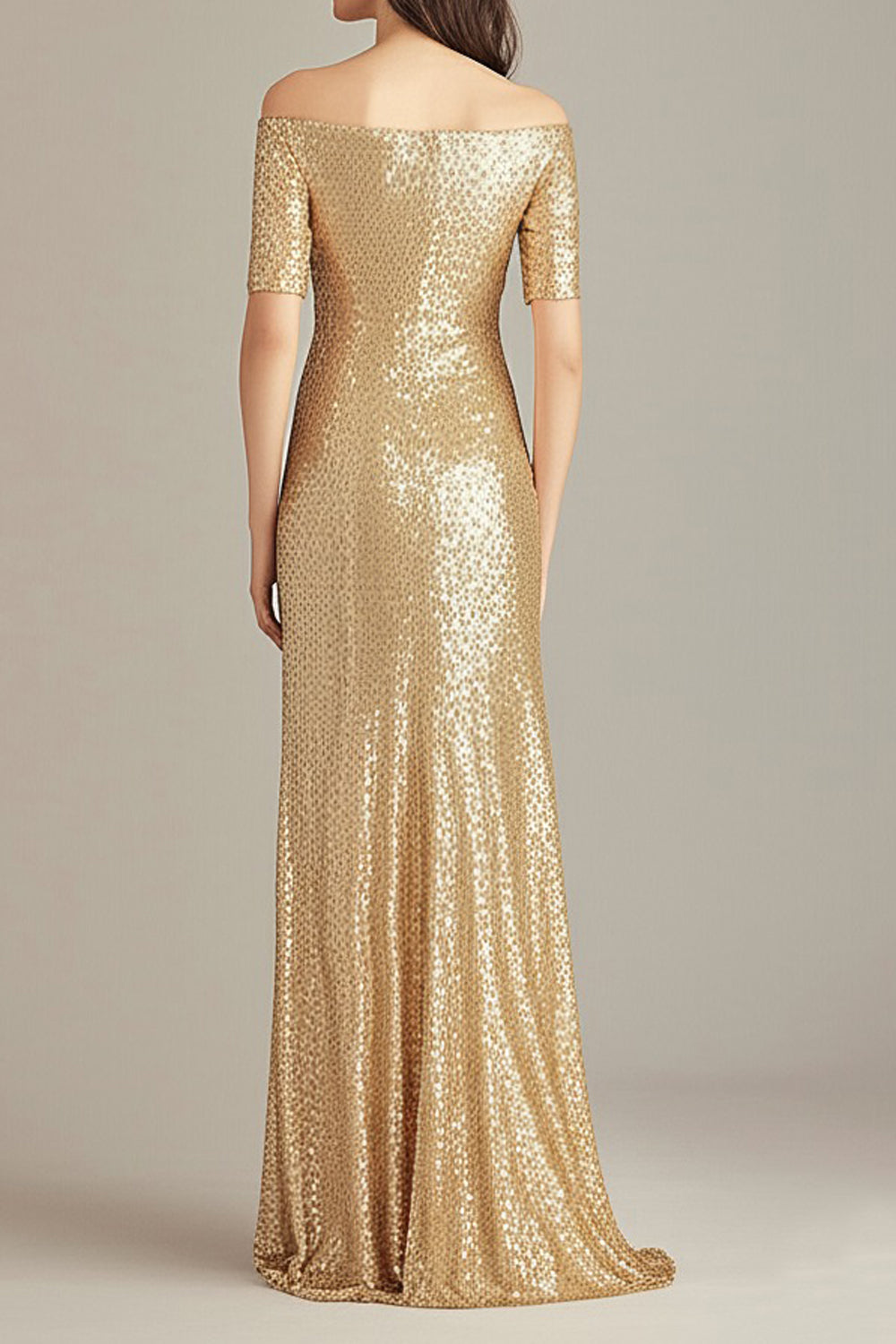 Sparkly Gold Off the Shoulder Hlaf Sleeves Sheath Long Formal Dress