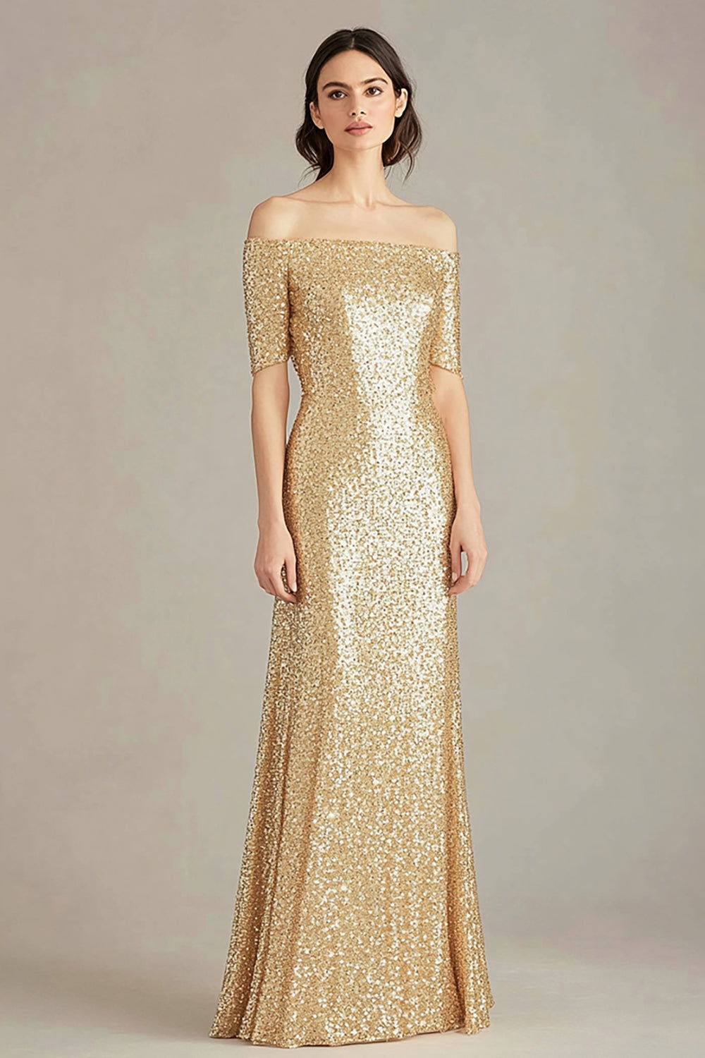 Sparkly Gold Off the Shoulder Hlaf Sleeves Sheath Long Formal Dress