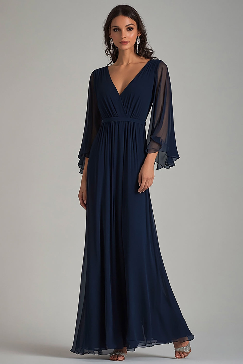 Navy V-Neck Chiffon Long Formal Dress with Ruffle Sleeves