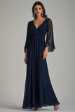 Navy V-Neck Chiffon Long Formal Dress with Ruffle Sleeves