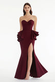 Sweetheart Burgundy Sheath Ruffled Long Formal Dress with Slit