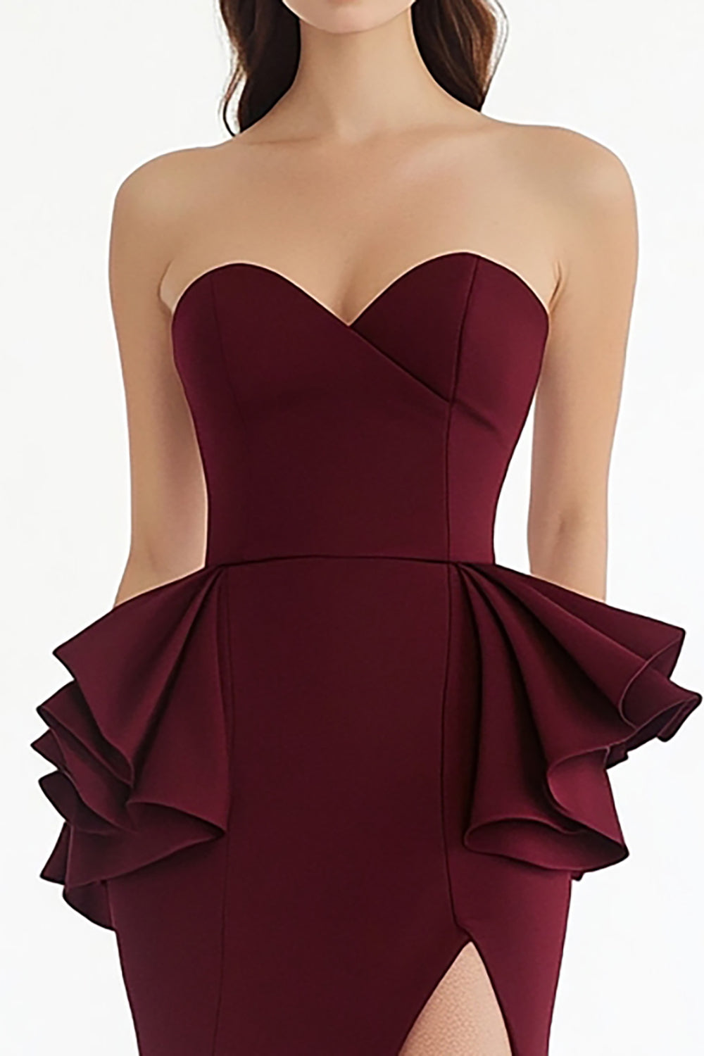 Sweetheart Burgundy Sheath Ruffled Long Formal Dress with Slit