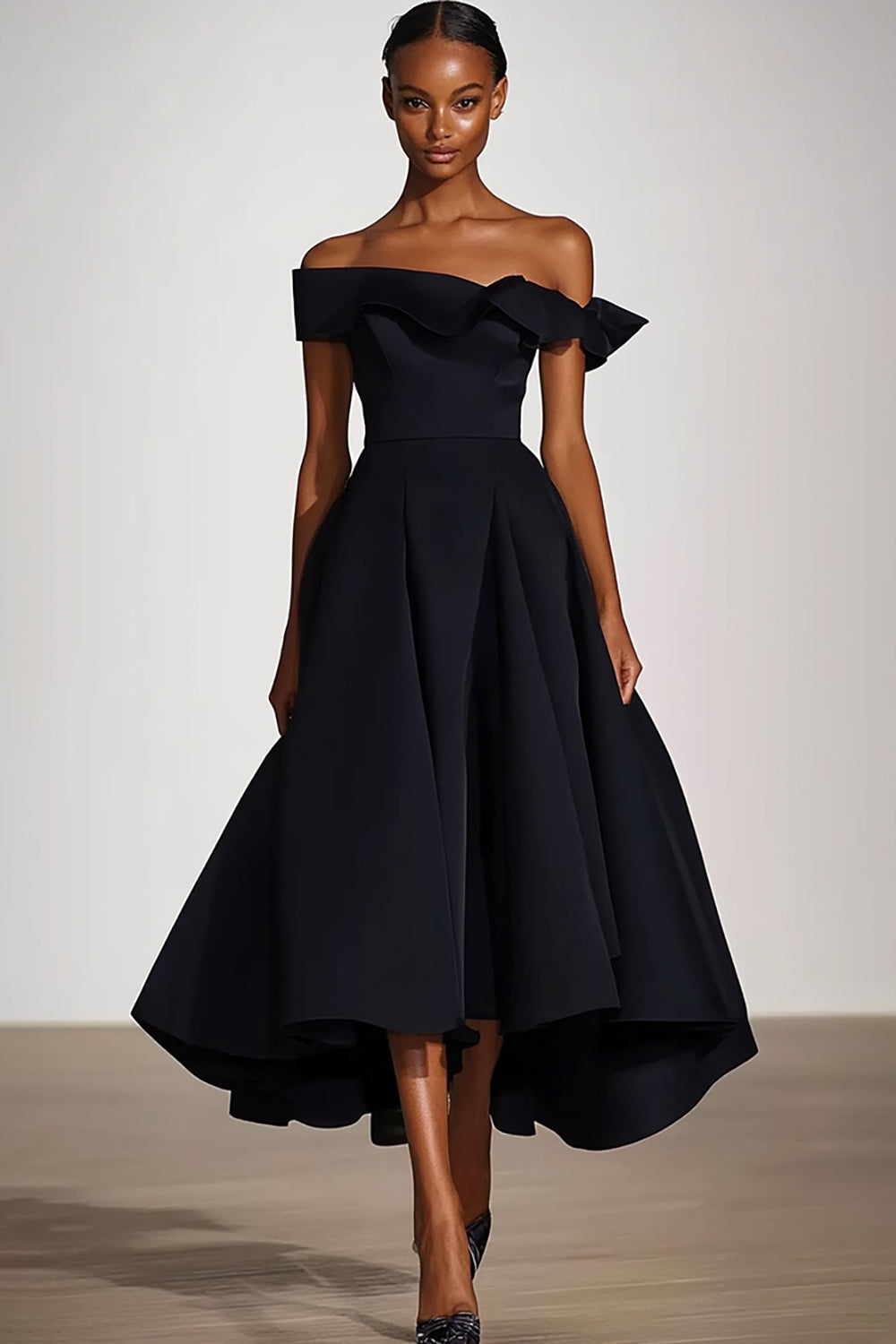 Leely Women Black A Line Ruffled Tea-Length Formal Dress Off the Shoulder Satin Long Black Tie Dress