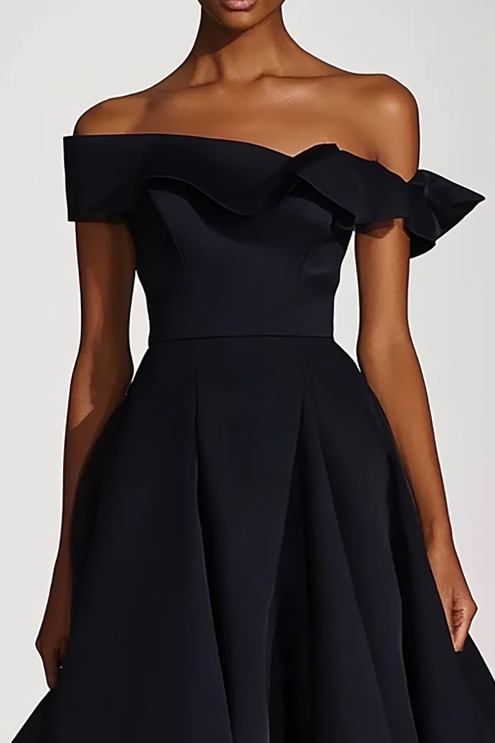 Black Off the Shoulder A Line Ruffled Tea-Length Formal Dress